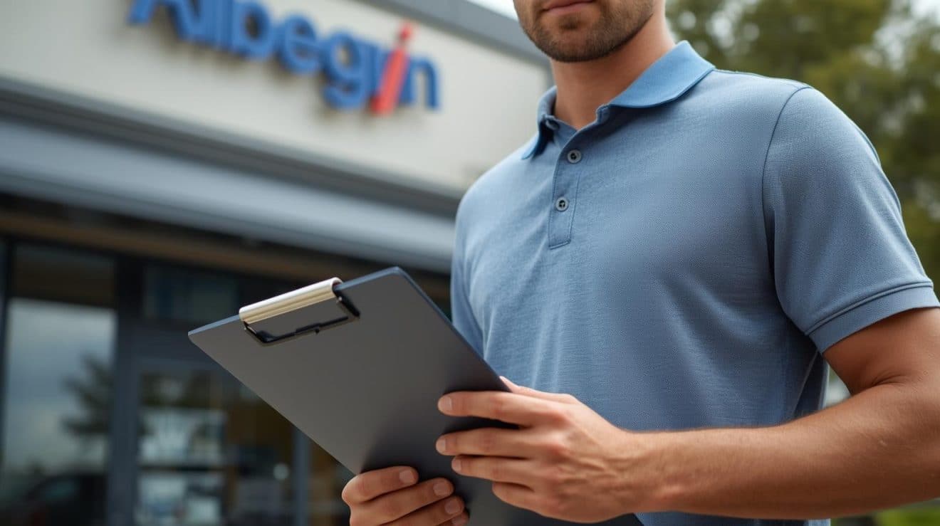 a perosn holding a clipboard a commercial real eastate property wearing a golf polo shirt
